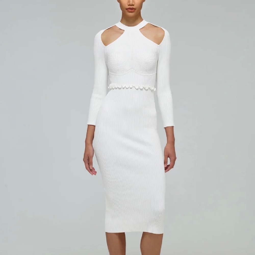 SELF- PORTRAIT WHITE KNIT SCALLOP EDGE MIDI DRESS SIZE S